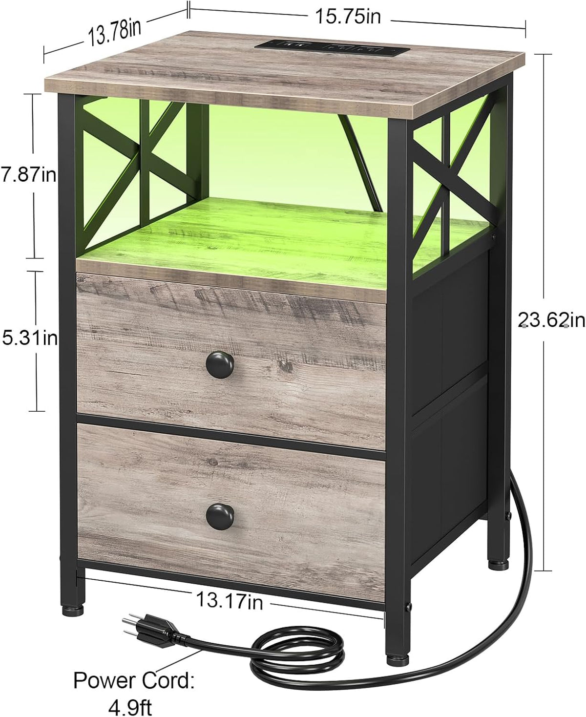 AMHANCIBLE Nightstands Set of 2 with Charging Station and LED Lights | Large Bedside Tables with USB Ports and AC Outlets, 2 Fabric Drawers, Modern Night Stand for Bedroom, Grey