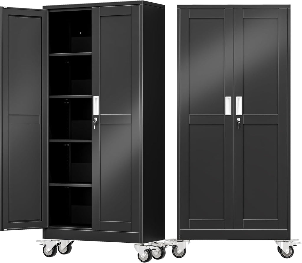 71" Metal Garage Storage Cabinet with Wheels and Locking Doors and Tall Rolling Steel Tool Cabinet with 4 Adjustable Shelves for Garage,Home,Office,Shop (Black, 71''H x 30''W x15''D)
