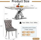 7 Piece Dining Table Set with Chairs, Faux Marble Dining Table and Gray Chair Set for 6, White Silver Dining Room Table Set with X-Shape Stainless Steel Base, Morden Kitchen Table and Chairs for 6
