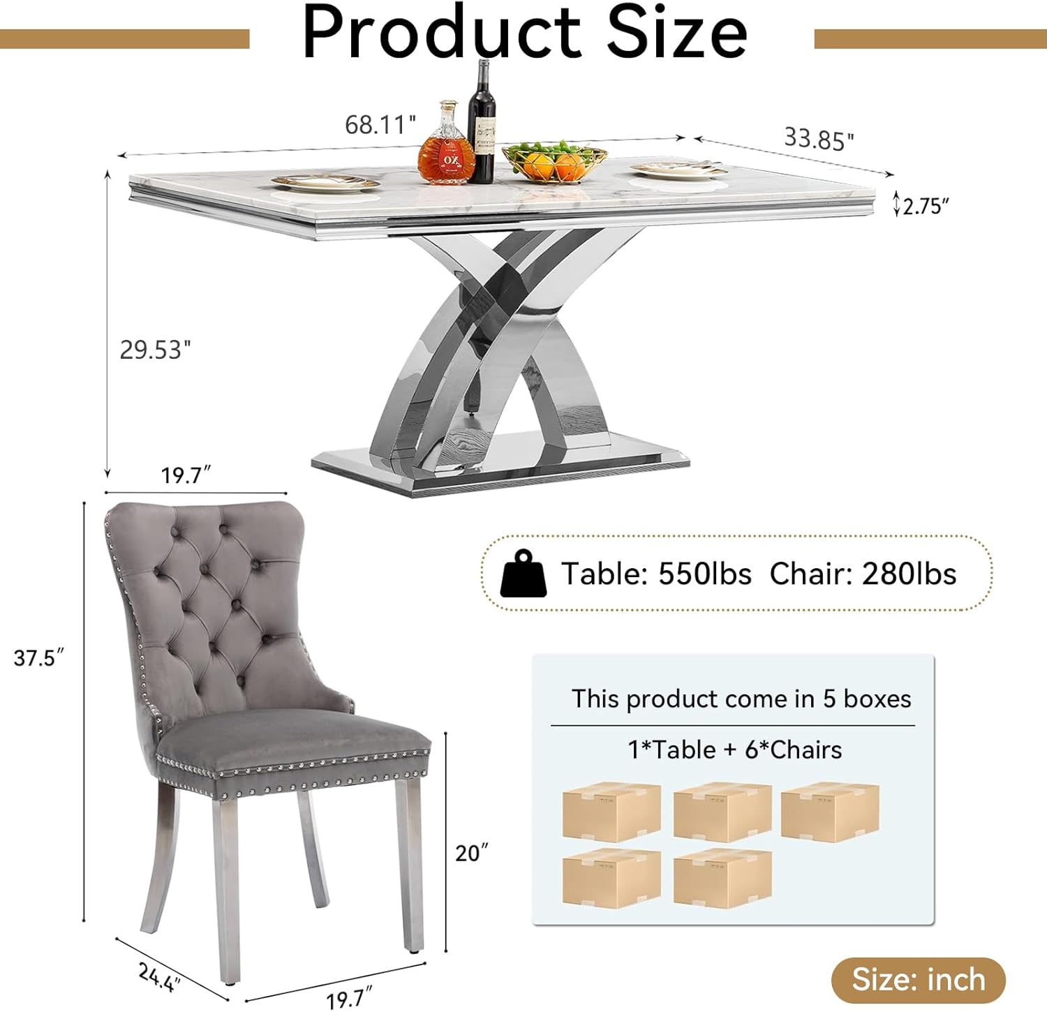 68" Marble Dining Table Set for 6, Modern Rectangle Dining Room Table Set for 6, Luxury White Silver Marble Kitchen Table and Chairs Set of 6 for Living Room,Kitchen