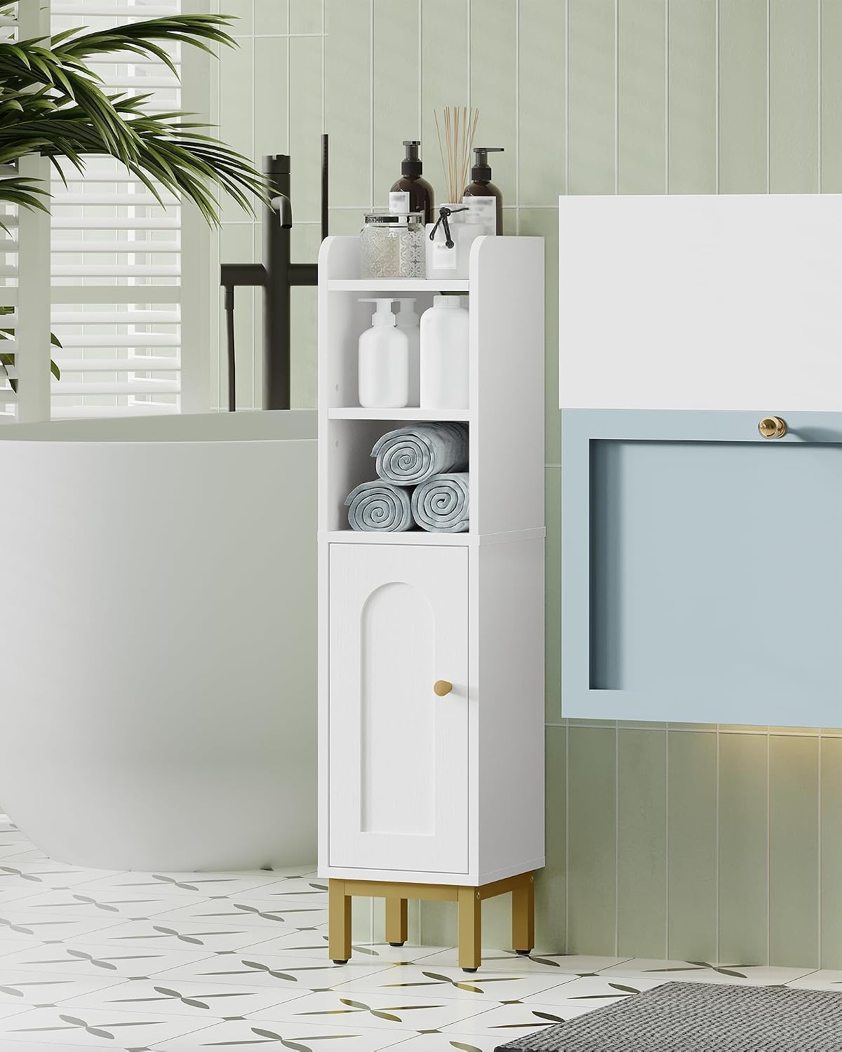Hzuaneri Bathroom Storage Cabinet, Small Corner Floor Cabinet | Narrow Toilet Paper Holder, Bathroom Organizer with Adjustable Shelf, 2 Doors, for Small Spaces, White BC08203X