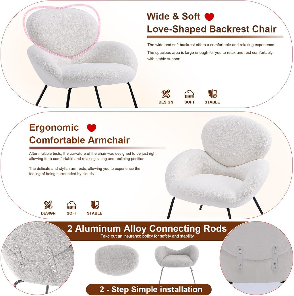 Accent Chair, Accent Chair for Bedroom, Boucle Chair (Cream Whtie) | Comfy Bedroom Chair with Love Back and Sturdy And Durable Solid-Wood Frame/ Study Room / Bedroom / Living Room /(Cream Style)