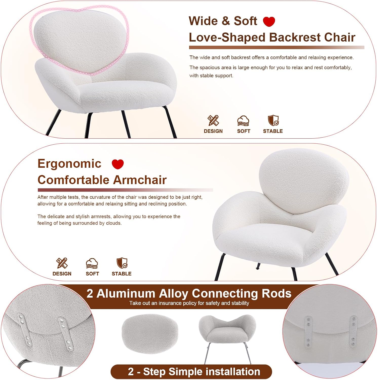 Accent Chair, Accent Chair for Bedroom, Boucle Chair (Cream Whtie) | Comfy Bedroom Chair with Love Back and Sturdy And Durable Solid-Wood Frame/ Study Room / Bedroom / Living Room /(Cream Style)