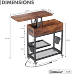 Colima Lift-Top Side Table with Charging Station - Mobile End Table with USB Ports & AC Outlets, Hidden Storage, Wheels - Rustic Wood Nightstand for Living Room, Bedroom, Office
