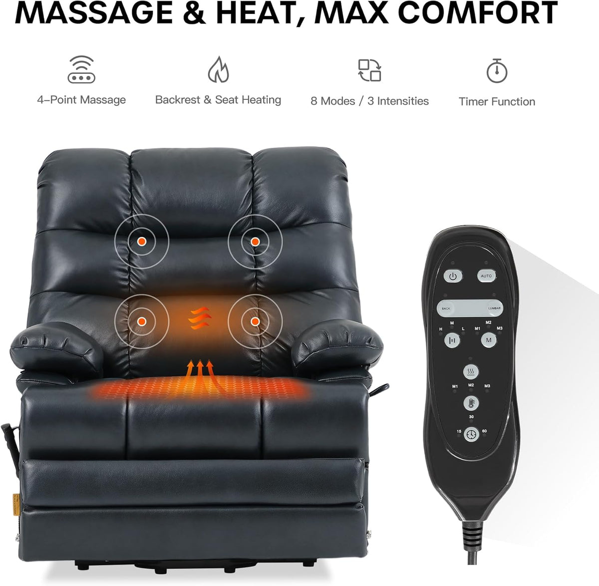 DYNOX Oversized 400 lbs Power Lift Recliner Chair for Big and Tall Seniors, Dual Motor Lay Flat Lift Chair with Extended Footrest, Heat & Massage, Genuine Leather, Dark Blue, 9305L