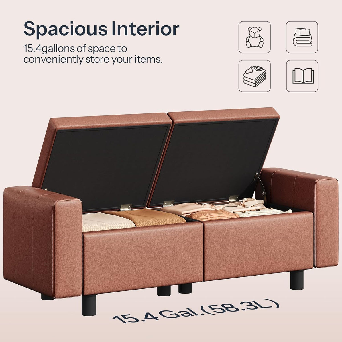 HOOBRO Ottoman with Storage, 46.7'' Storage Ottoman Bench with Safety Hinge, Storage Bench with Metal Legs, Synthetic Leather with Stitching Bench for Living Room, Entryway, Brown BR120CW01