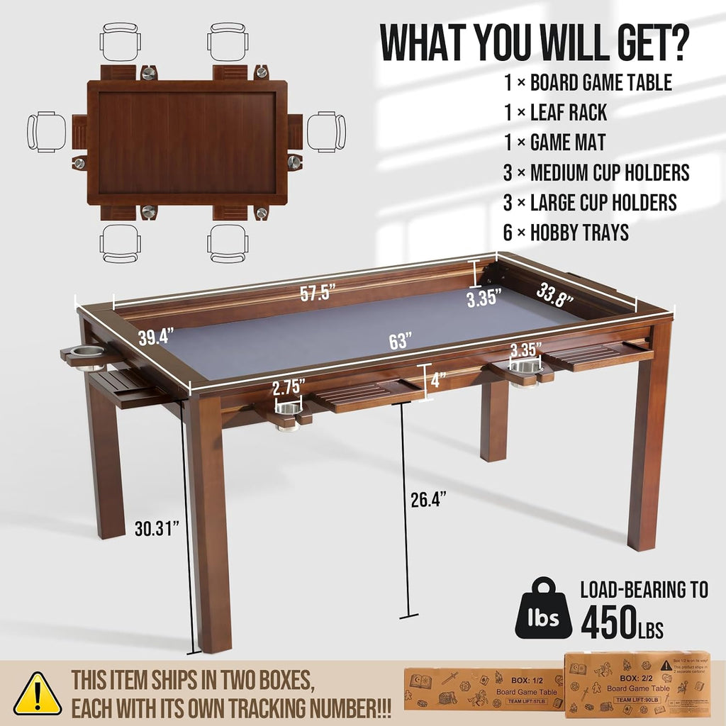 63" Solid Wood Board Game Table for Gaming/Dining, Removable Top | Gaming Table for 4–6 Players with 54" x 30.7" Play Area, Neoprene Play Mat, Leaf Storage Rack, 6 Cup Holders & Trays, Walnut