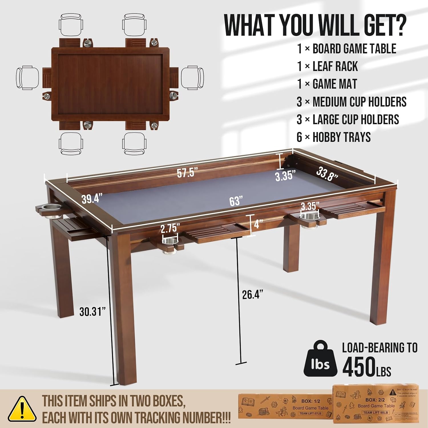 63" Solid Wood Board Game Table for Gaming/Dining, Removable Top | Gaming Table for 4–6 Players with 54" x 30.7" Play Area, Neoprene Play Mat, Leaf Storage Rack, 6 Cup Holders & Trays, Walnut