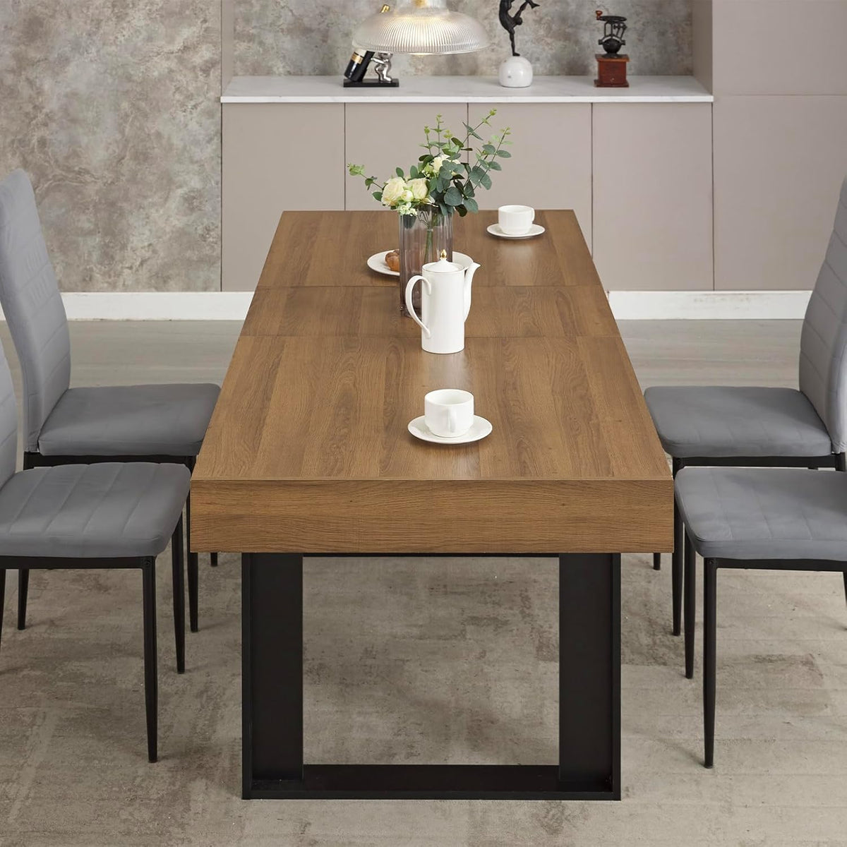 STHOUYN 63”-79” Extendable Dining Room Table, Modern Farmhouse Wooden Kitchen Table, Long Expandable Dining Table for 6 8 10, Large Expanding Tables Conference Tables (Walnut Brown)