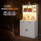 Gurexl 64" Farmhouse Kitchen Pantry with Auto Sensor LED,Storage Cabinets with 2 Outlets for Microwave & USB-C Ports,Hutch Cabinet with Pegboard,2 Cabinet,2 Drawers,1 Large Countertop