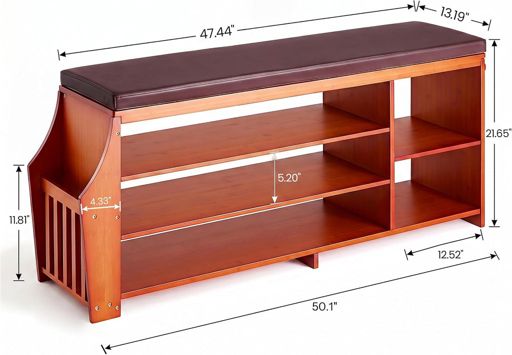 OAKHAM 50" Bamboo Shoe Storage Bench with Comfortable Padded Faux Leather Seat and 550 lbs Capacity, 3-Level Adjustable Shelf, Side Storage Slot and 3 Hooks for Entryway Hallway Mudroom, Brown