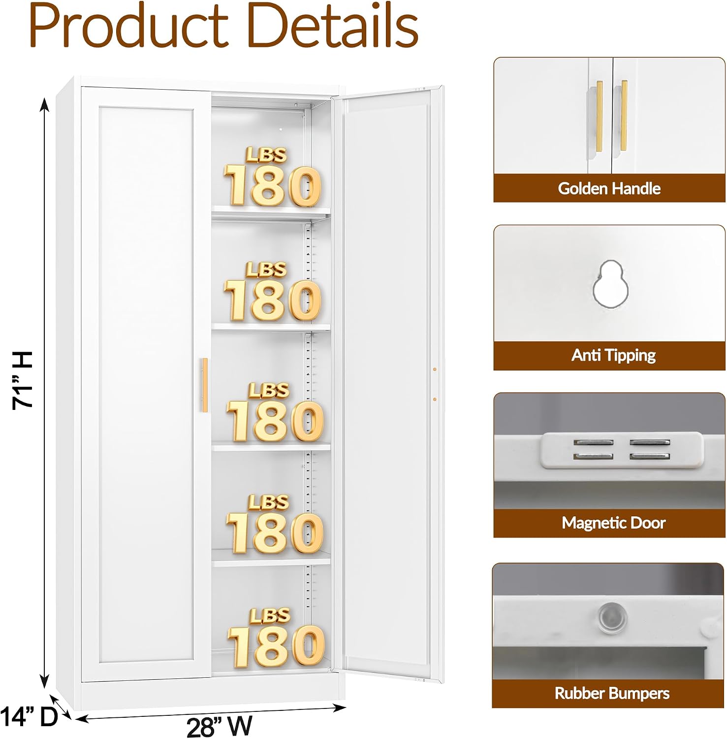 CJF White Kitchen Pantry Cabinet,71 Inch Tall Metal Storage Cabinet with 4 Adjustable Shelves and Doors, Freestanding Pantry Cabinet for Kitchen, Living Room, Dining Room, Bathroom, Easy to Assemble