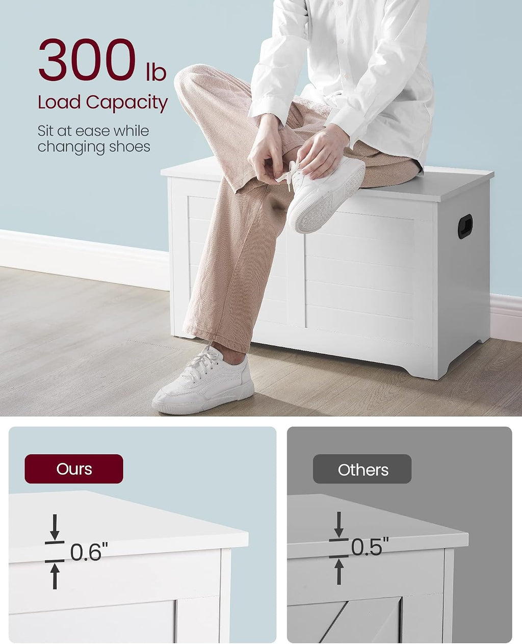 VASAGLE Storage Chest, 31.5 Inches Width Bench with 2 Safety Hinges | Farmhouse Style, for Entryway, Bedroom, Living Room, Cloud White, SOFIE Collection ULSB063T14
