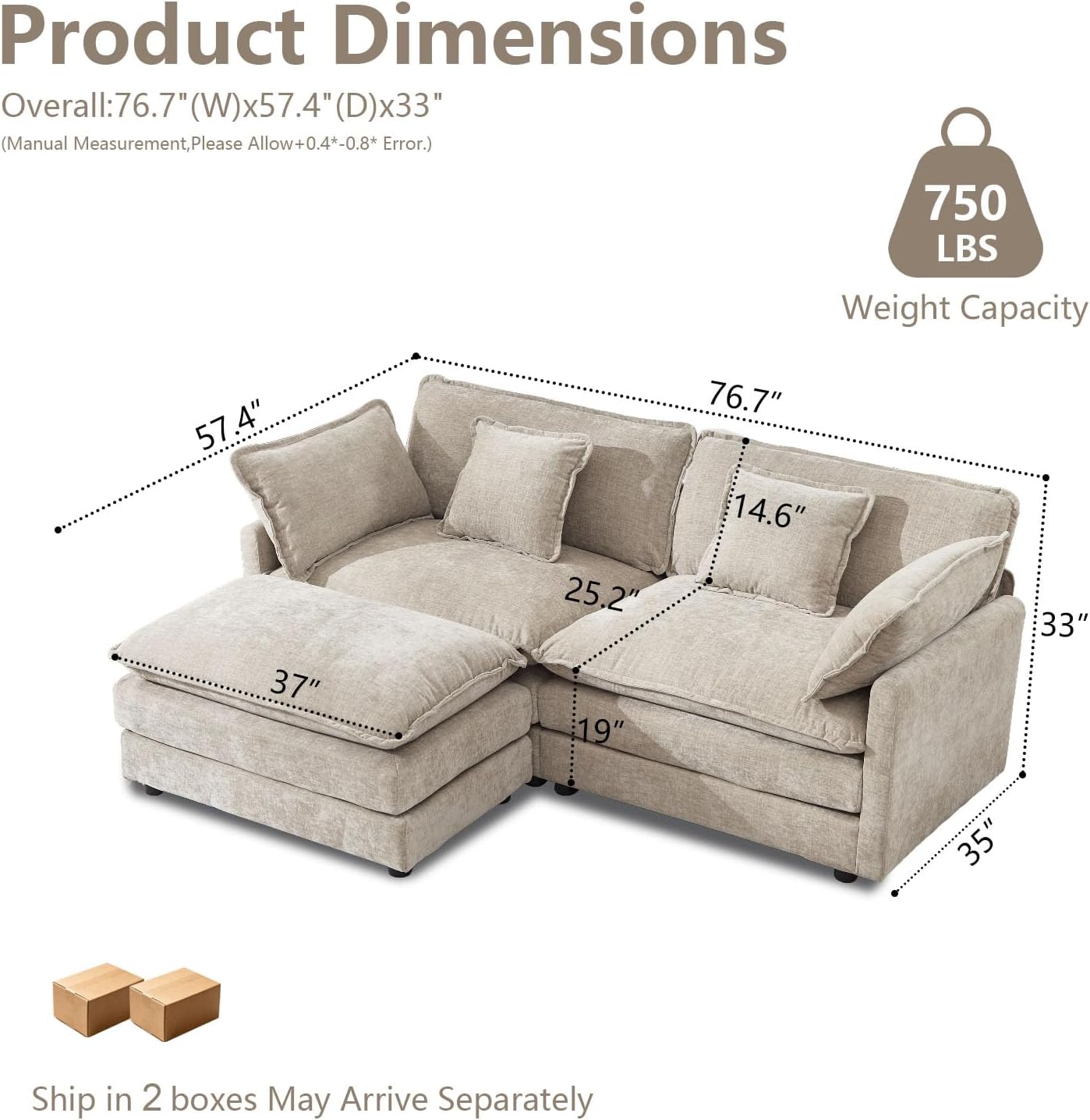 GNIXUU 76.7" Camel Small L Shaped Cloud Couch Loveseat Sofa with Ottoman | Modular Sectional Couches for Small Places, Living Room, Apartment, Studio, Office, Deep Seat, 2 Seater Sofa, Chenille Fabric