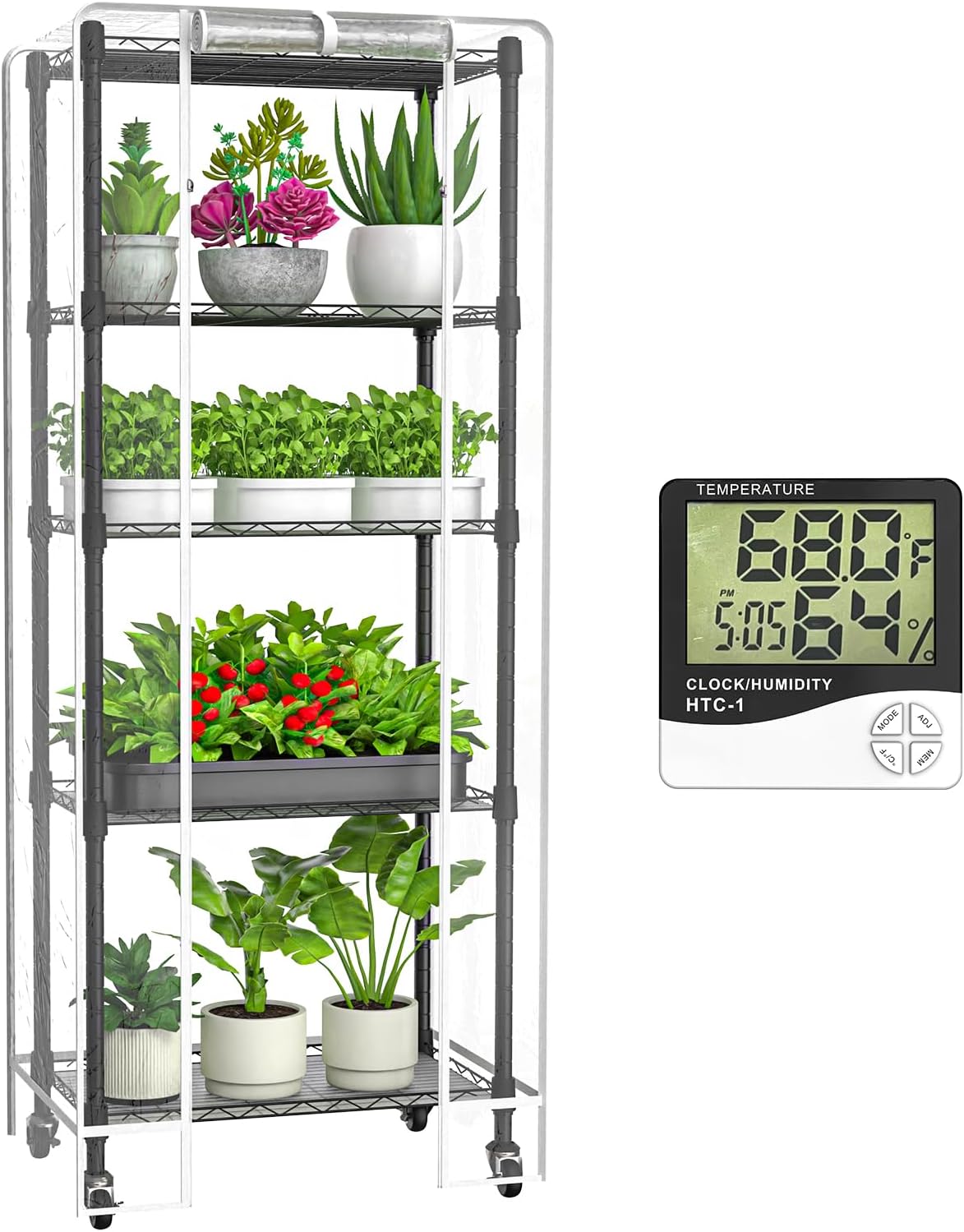 Mini 5-Tier Greenhouse for Indoor Outdoor, 23.2" L×13.4" W×61.4" H Portable Greenhouse with Clear PVC Cover and Metal Shelf for Growing Vegetables, Flowers and Seedlings, with Wheels