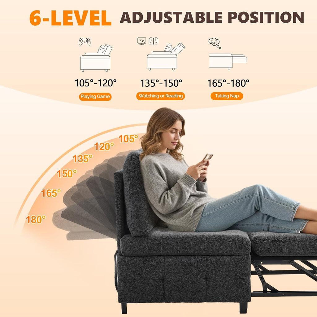 VINGLI Convertible Sofa Bed Tufted Teddy Fleece Sleeper Chair Bed Couch Armless Living Room Chairs with Adjustable Backrest Pull Out Couch Bed for Small Spaces
