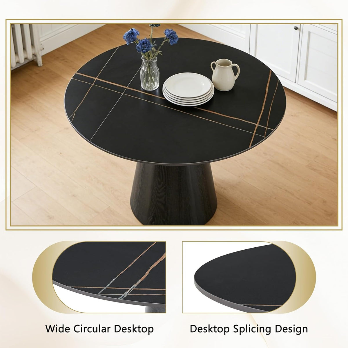 Round Dining Table for 4, 42 Inch Sintered Stone Dining Room Table, White and Black Small Kitchen Table with Stable Pedestal, Modern Marble Dining Table for Kitchen, Apartment, Restaurant