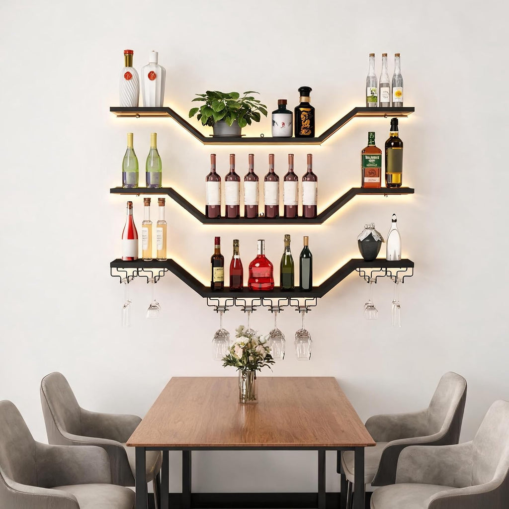 39.4in 3-Tier Floating Metal Wine Rack, Modern Wall Mounted Wine Shelf with LED Lights & Wine Glass Rack, Large Hanging Liquor Shelf Wall Mounted for Bar Home Dining Room Cafe Decorative, Black