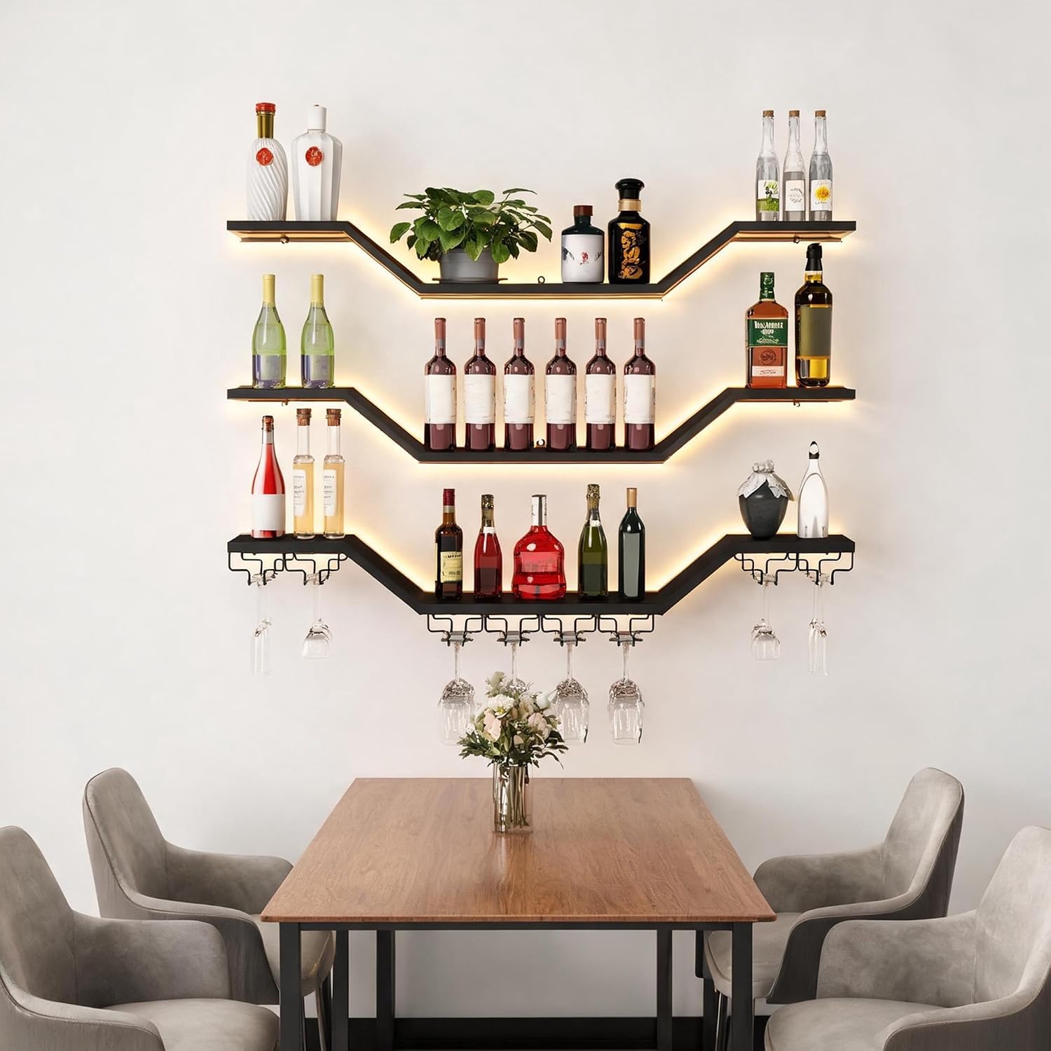 39.4in 3-Tier Floating Metal Wine Rack, Modern Wall Mounted Wine Shelf with LED Lights & Wine Glass Rack, Large Hanging Liquor Shelf Wall Mounted for Bar Home Dining Room Cafe Decorative, Black