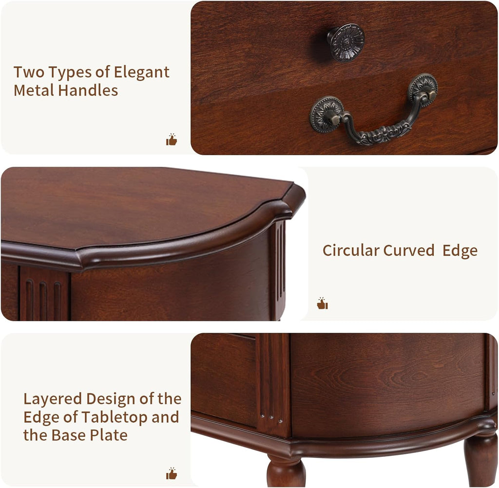 Solid Wood Retro Curved Console Table, 43" Half Moon Console Table Sofa Table Entryway Table with 3 Drawers Open Shelf Pine Roman Legs Curved Corners for Living Room,Entryway,Hallway,Cherry