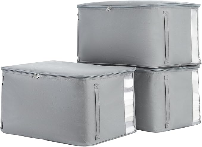 Comforter Storage Bags, Durable Oxford Fabric Clothes Organizer for Closet, Washable Collapsible Large Storage Containers for Clothing Blanket Linen Bedding, 3 Pack (Grey, 18 gallon x 3)