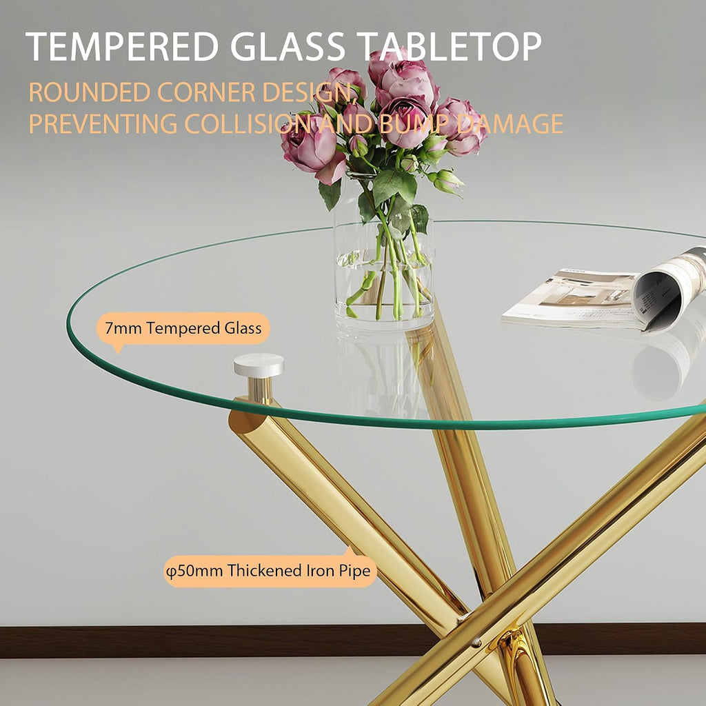 Modern Dining Room Table for 4 People, 36" Round Dining Table with Gold Chrome Metal X-Base, Circle Tempered Glass Dining Room Tables, Small Dining Table Kitchen Tables Dinner Tables