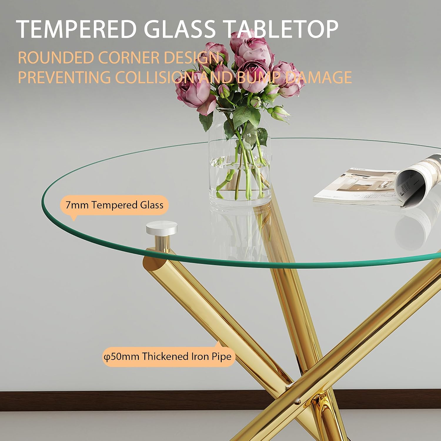 Modern Dining Room Table for 4 People, 36" Round Dining Table with Gold Chrome Metal X-Base, Circle Tempered Glass Dining Room Tables, Small Dining Table Kitchen Tables Dinner Tables