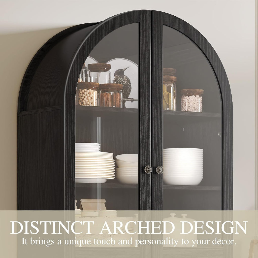 YITAHOME 71" Arched Pantry Cabinet with Glass Door, Shelves & Drawer, Black | Farmhouse Wood Cupboard with Adjustable Shelves for Living Room and Dining Room