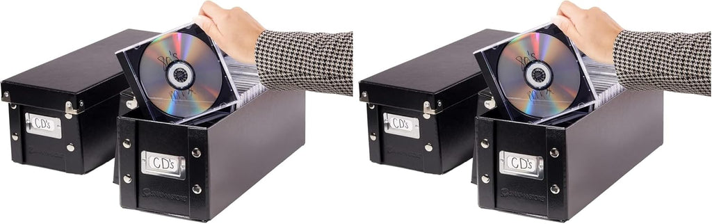 Snap-N-Store CD Storage Box - 4 Pack - Durable 5.1 x 5.1 x 13.2 Inch Disc Holders with Lids to Store up to 52 CDs - Black