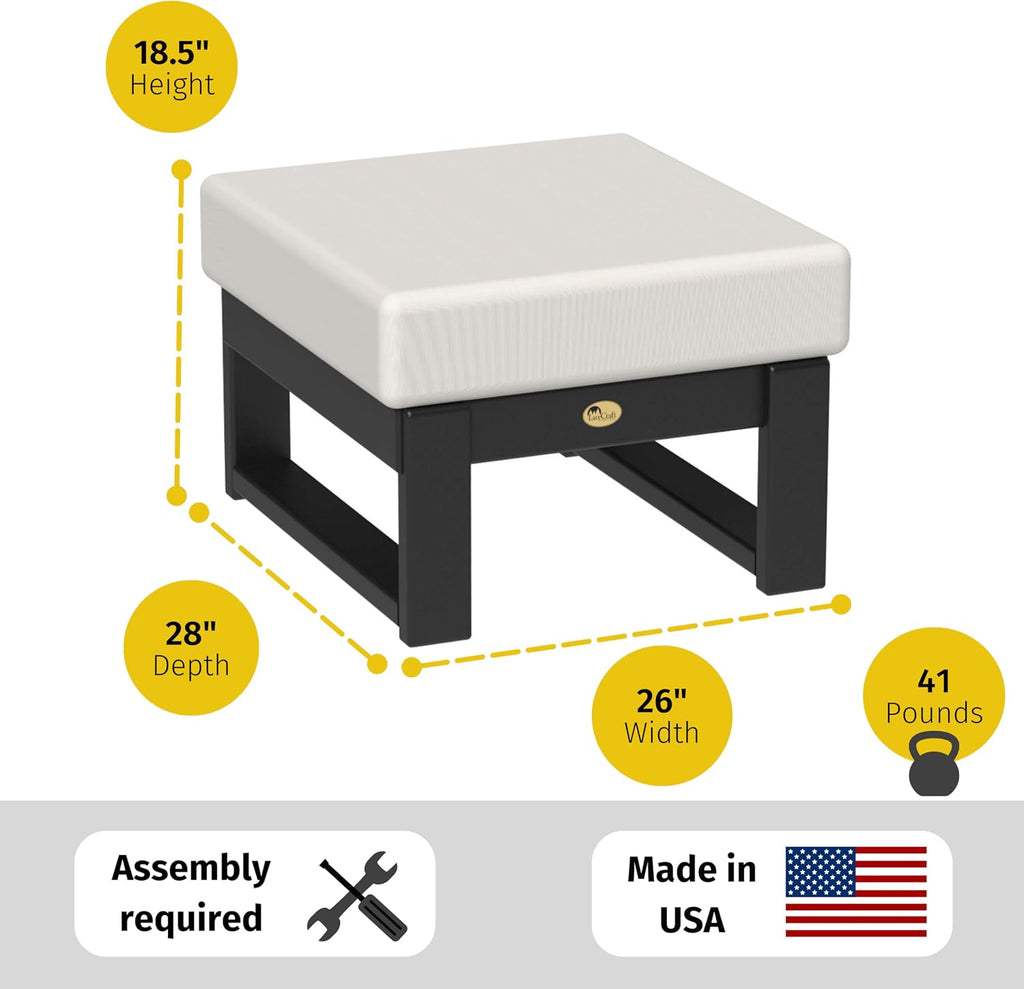 LuxCraft Poly Lanai Deep Seat Cushioned Outdoor Ottoman Table Padded Footrest Foot Stool for Outside Patio Deck Pool Porch Garden - USA Amish Made (Black, Canvas Fabric)
