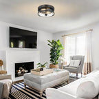 2-Light Flush Mount Ceiling Light, Farmhouse Industrial Black Finish with Seeded Glass Ceiling lamp, Modern Ceiling Light Fixture for Bedroom Living Room Kitchen Hallway Entryway