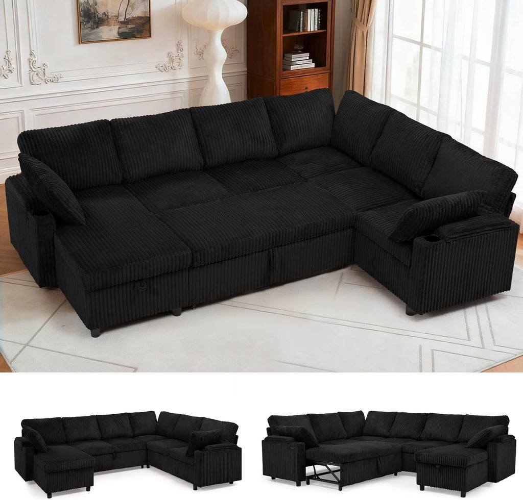 110” Corduroy Sectional Sofa w/Pull Out Bed & Storage Chaise, Reversible U Shaped Sofa w/Storage Armrests & Cup Holders, Corner Couch w/USB Charging Port & Throw Pillow for Living Room, Black
