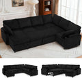 110” Corduroy Sectional Sofa w/Pull Out Bed & Storage Chaise, Reversible U Shaped Sofa w/Storage Armrests & Cup Holders, Corner Couch w/USB Charging Port & Throw Pillow for Living Room, Black