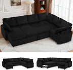 110” Corduroy Sectional Sofa w/Pull Out Bed & Storage Chaise, Reversible U Shaped Sofa w/Storage Armrests & Cup Holders, Corner Couch w/USB Charging Port & Throw Pillow for Living Room, Black