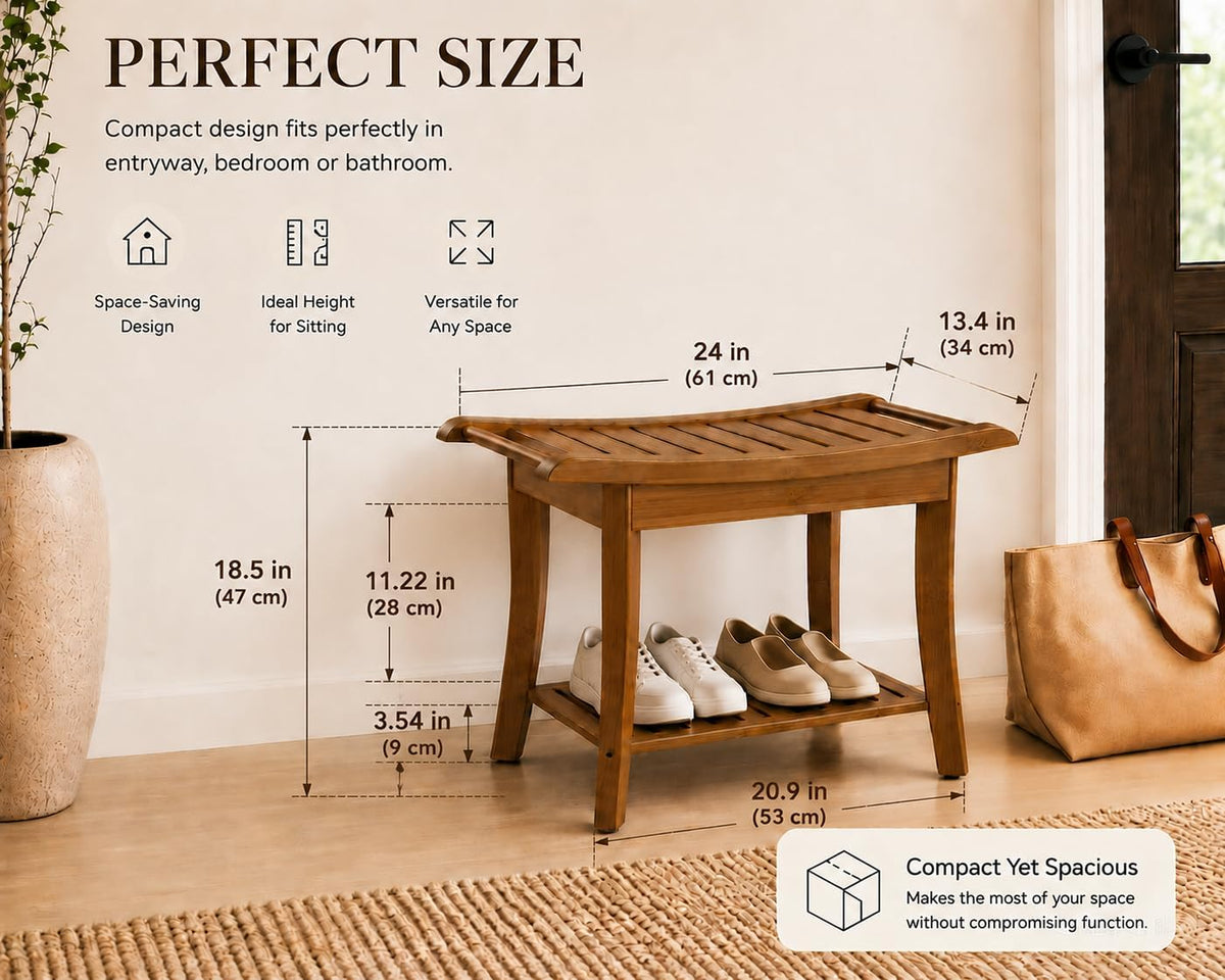 Bamboo Entryway Bench with Storage Shelf, Ergonomic Curved Seat & Side Handles, Walnut Finish Wooden Shoe Bench for Entryway, Bedroom, Bathroom & Living Room, Small Space Seating, Supports 300 LBS
