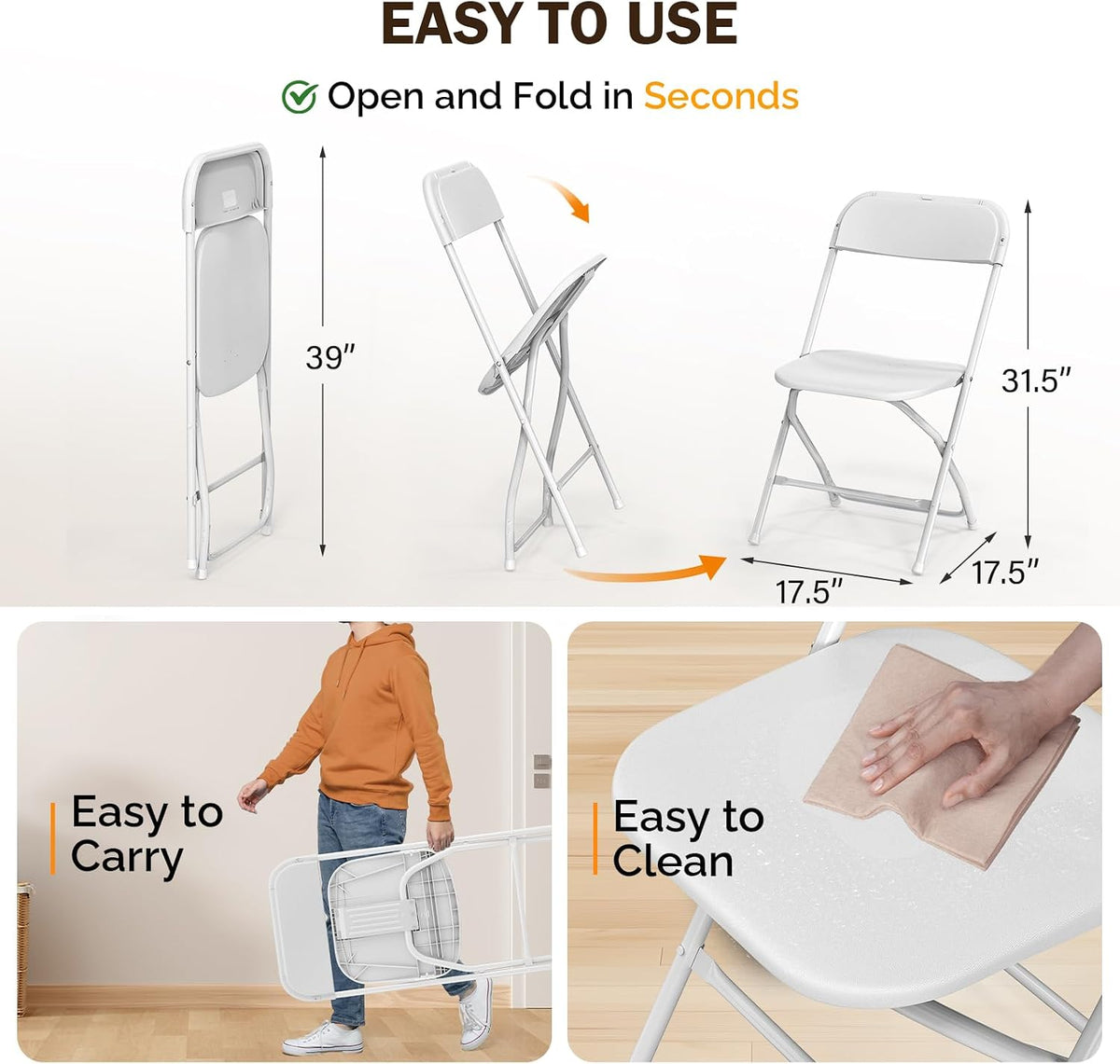 Bonnlo Folding Chairs Set of 12, White Plastic Chair Sturdy Seat with Metal Frame, Perfect for Party, Event, Wedding, Birthday, Office, Outside Entertaining
