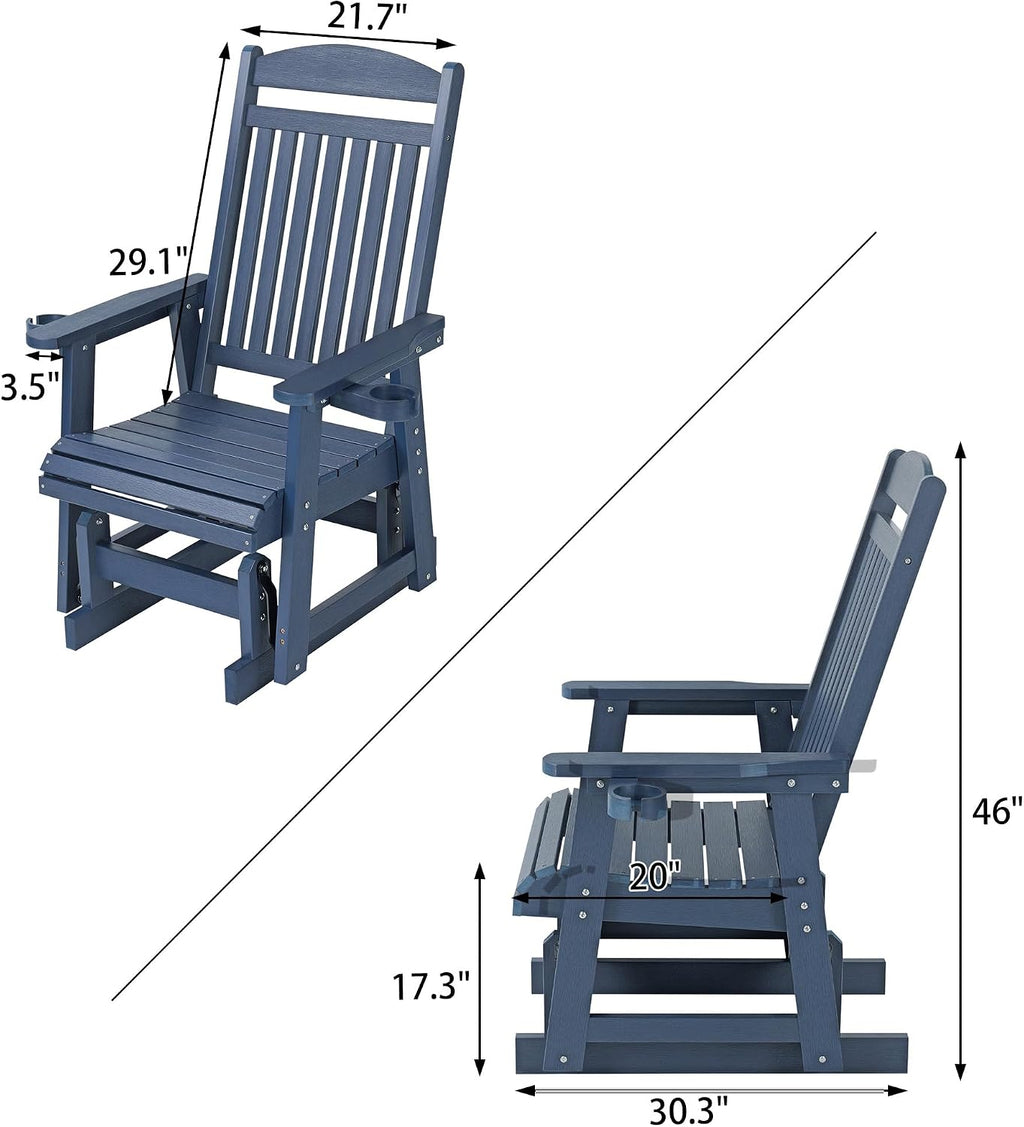 Poly Lumber Patio Glider for One Person, with Cup Holders, High Backrest and Deep Contoured Seat, HIPS Material, All-Weather Resistant, Heavy Duty 700 LBS (Navy Blue)