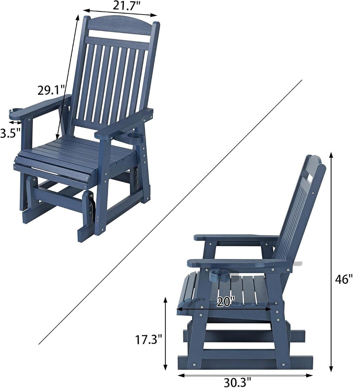 Poly Lumber Patio Glider for One Person, with Cup Holders, High Backrest and Deep Contoured Seat, HIPS Material, All-Weather Resistant, Heavy Duty 700 LBS (Navy Blue)