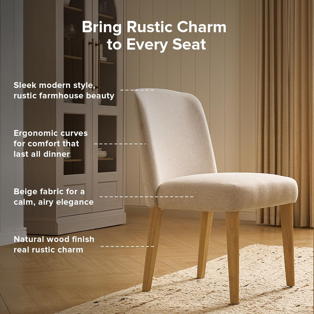 mopio Logan Upholstered Beige Parson Dining Chair Set of 4, Modern Farmhouse Solid Light Oak Wood with Ergonomic Curved Back Rest for Dining Room and Kitchen