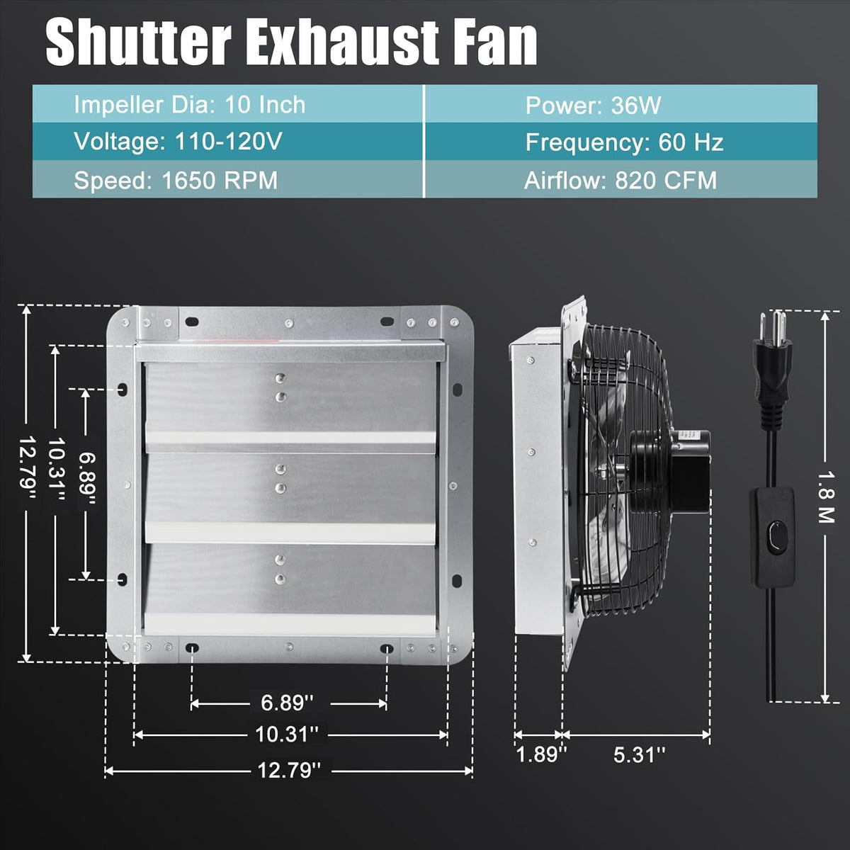 Criditpid 10 Inch Shutter Exhaust Fan with Speed Controller and Power Cord, 820 CFM 1650 RPM Wall Mounted Metal Exhaust Fan for Attic, Greenhouse, Garages, Barn, Workshop, Chicken Coop Ventilation