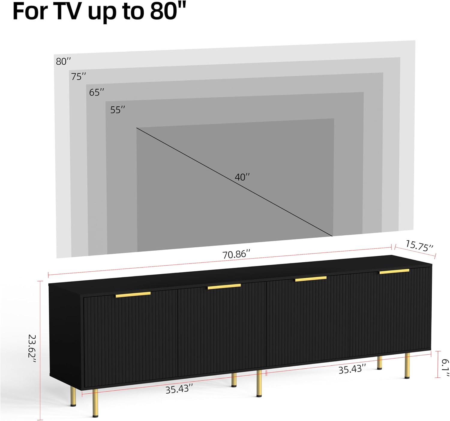 TV Stand for 80 Inch TV, Fluted TV Stand for Living Room, Mid Century Modern TV Stand with Adjustable Shelf, TV Entertainment Center with Storage for Bedroom, 70Inch, Black