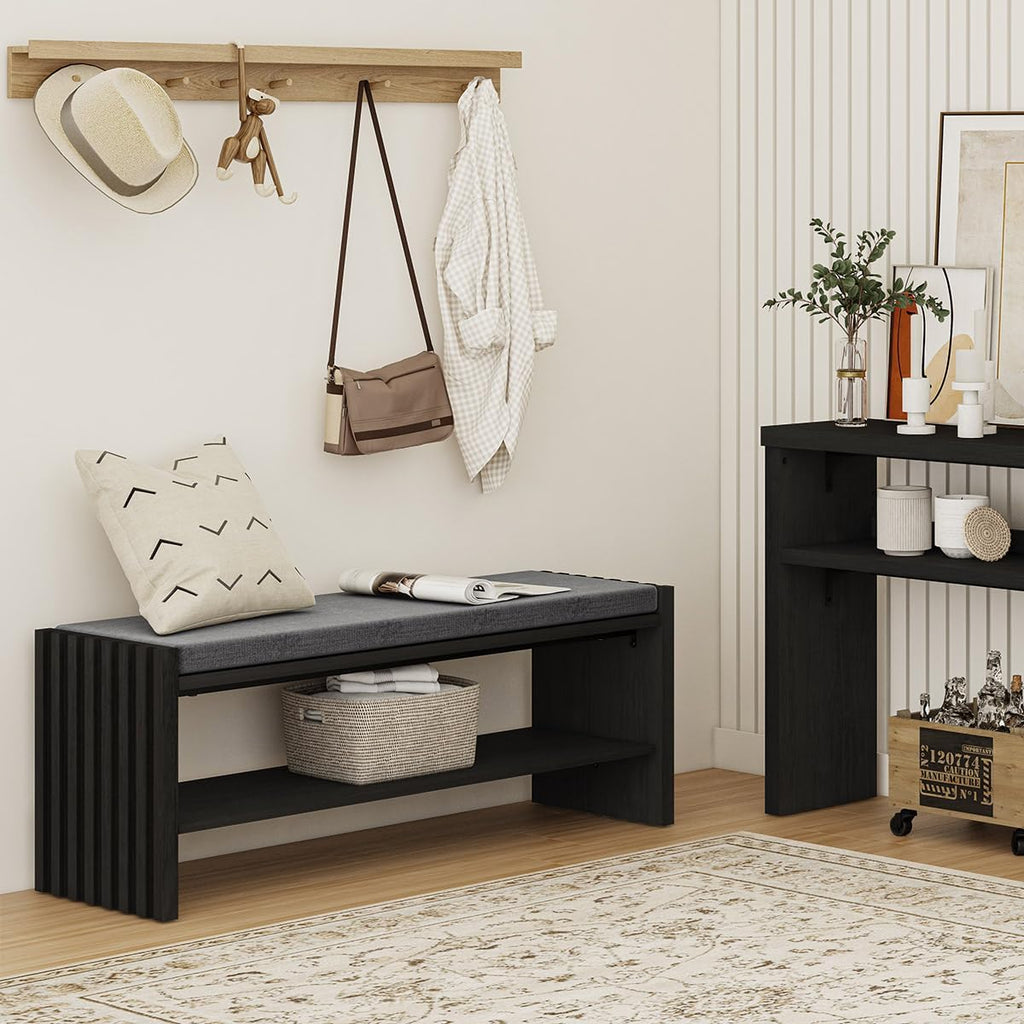 BON AUGURE 40" Entryway Shoe Bench with Storage & Cushion, Modern Fluted Shoe Rack for Mudroom, Sturdy Wooden Hallway Bench with 360 lbs Capacity, Black Oak