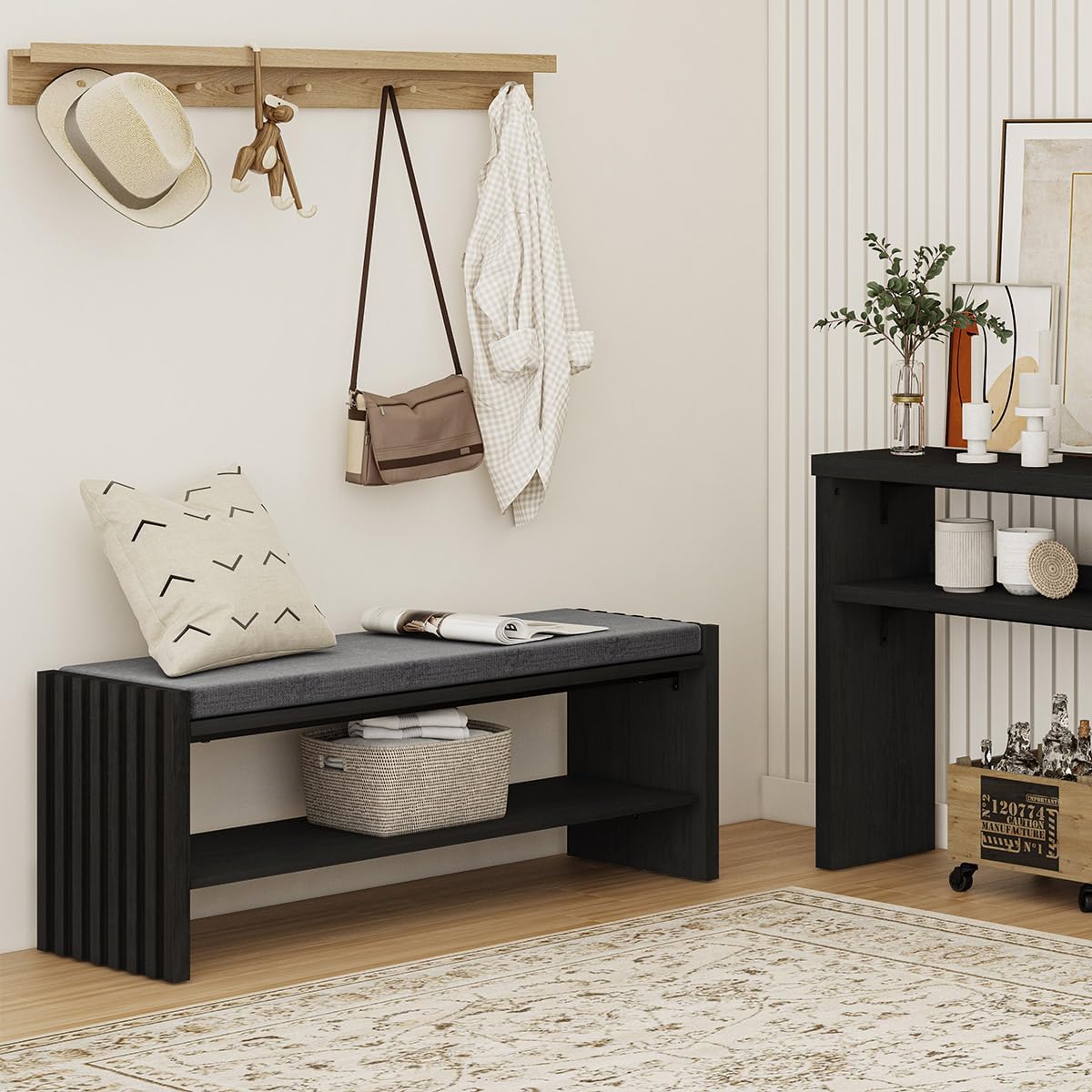 BON AUGURE 40" Entryway Shoe Bench with Storage & Cushion, Modern Fluted Shoe Rack for Mudroom, Sturdy Wooden Hallway Bench with 360 lbs Capacity, Black Oak
