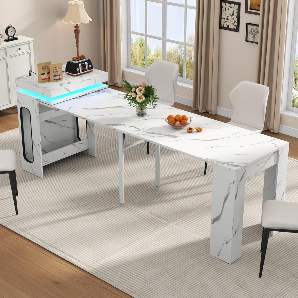 Extendable Dining Table with Charging Station, Convertible Folding Console Table for 6-8 People, Space-Saving Dining Table with LED Lights, Wood Rectangle Kitchen Table, Marble White (No Chairs)
