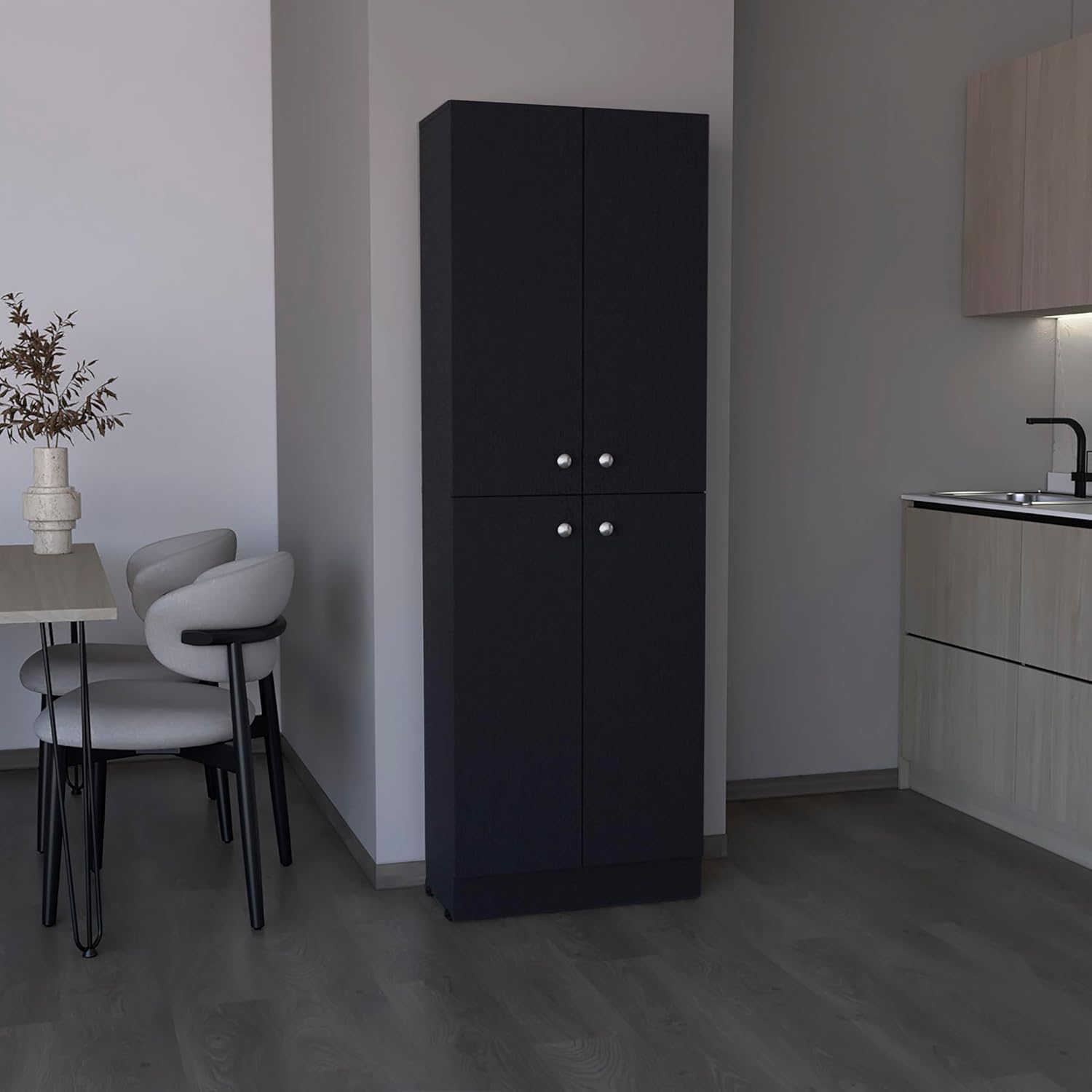 Kitchen Pantry 71" H, 4 Doors, 5 Adjustable Shelves, Laundry, Black