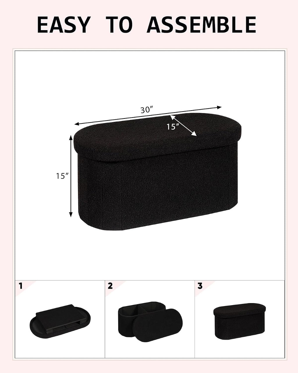 30" Oval Foldable Ottoman with Storage, Teddy Boucle Fabric Footrest, Storage Bench for Living Room, Bedroom, Entryway, Dorm, Black