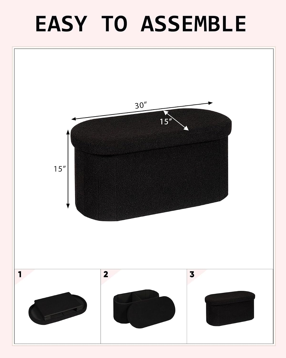 30" Oval Foldable Ottoman with Storage, Teddy Boucle Fabric Footrest, Storage Bench for Living Room, Bedroom, Entryway, Dorm, Black