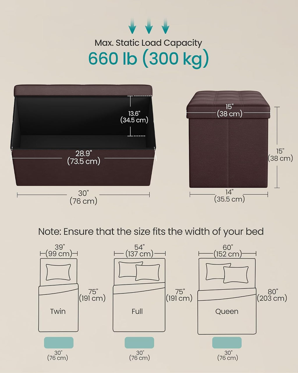 SONGMICS Storage Ottoman Bench, 30 Inches Folding Foot Rest Stool | PU Leather, Easy Assembly, for Living Room, Bedroom, Entryway, Rustic Walnut and Ink Black, MINOTA Collection ULSF40Z