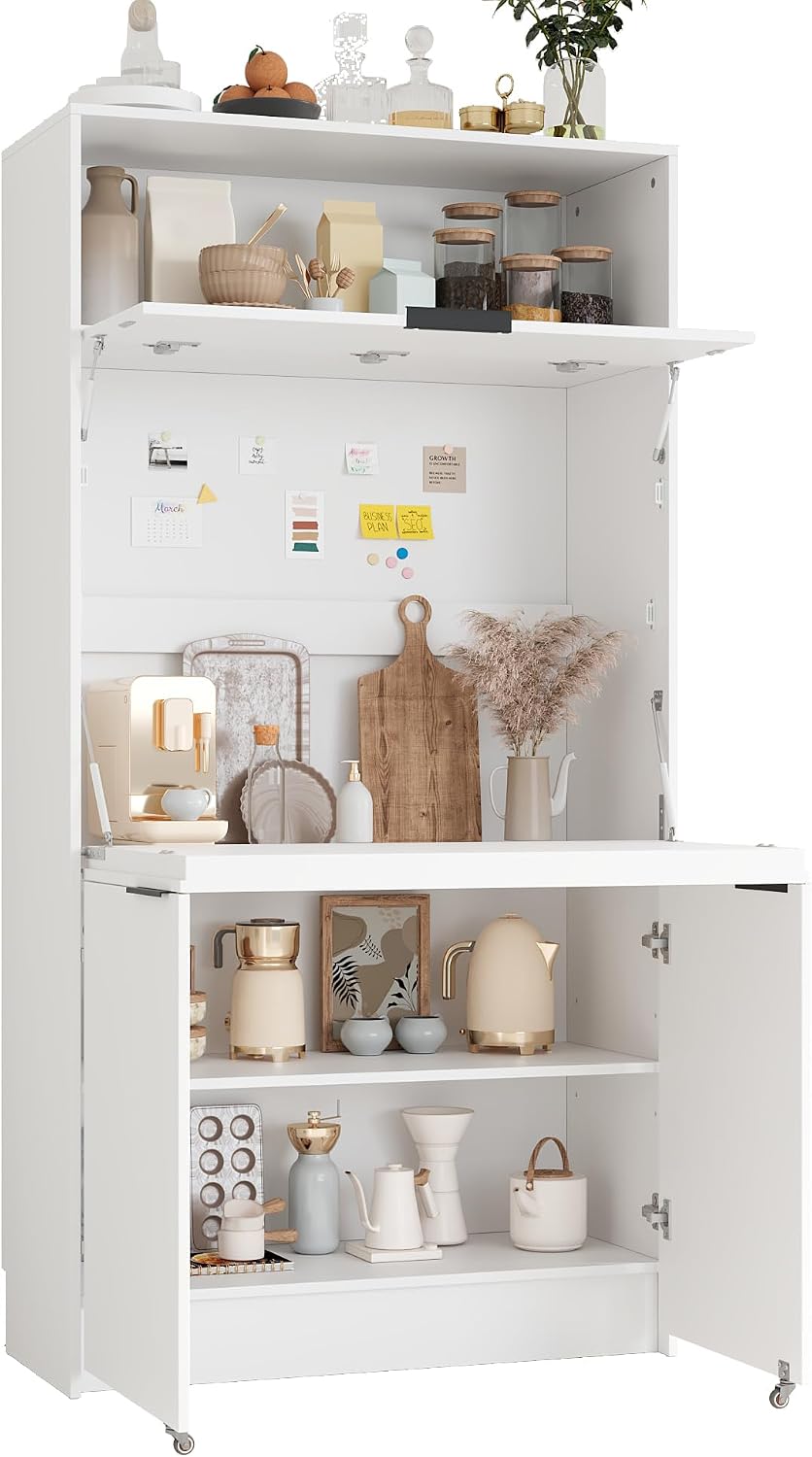 Tall Pantry Cabinet with Power Outlet, Multifunctional Cupboard with Adjustable Shelf, Hutch and Foldable Workstation for Dining Room, Living Room (White)