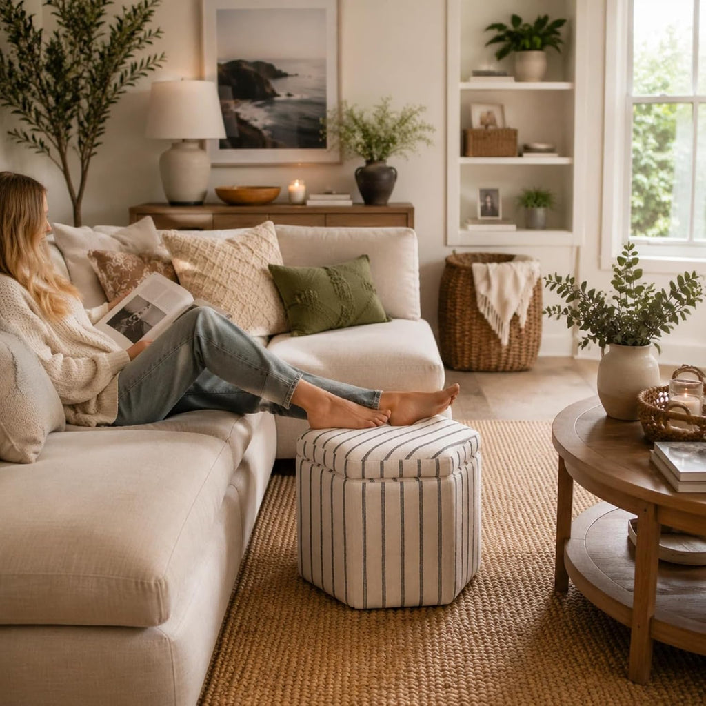 Wimarsbon 18inch Storage Ottoman with Detachable Tray, Multifunctional Mid Century Large Capacity Oversized Striped Boho Unique Linen Ottomans (Hexagon)